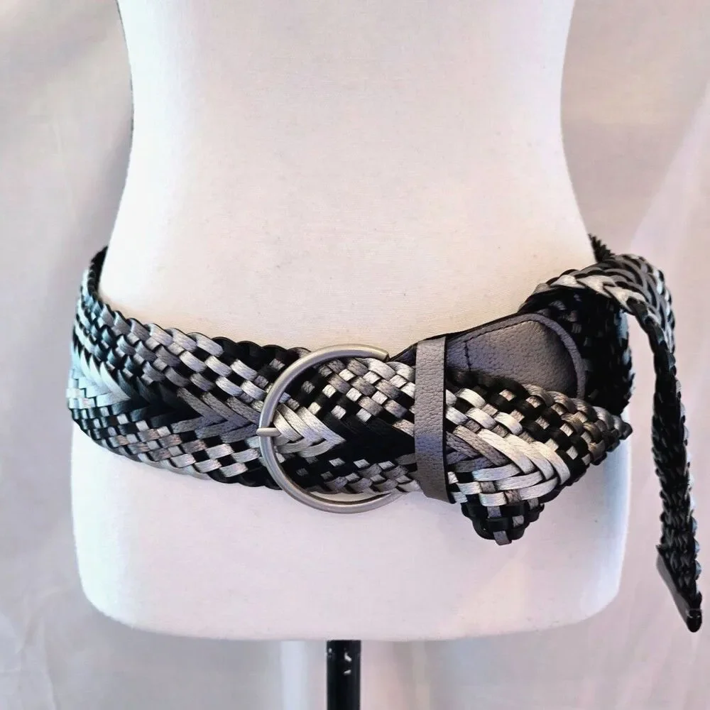 Vintage 80s 90s Woven Braided Belt Metallic Silver Black Chevron Wide Boho 46